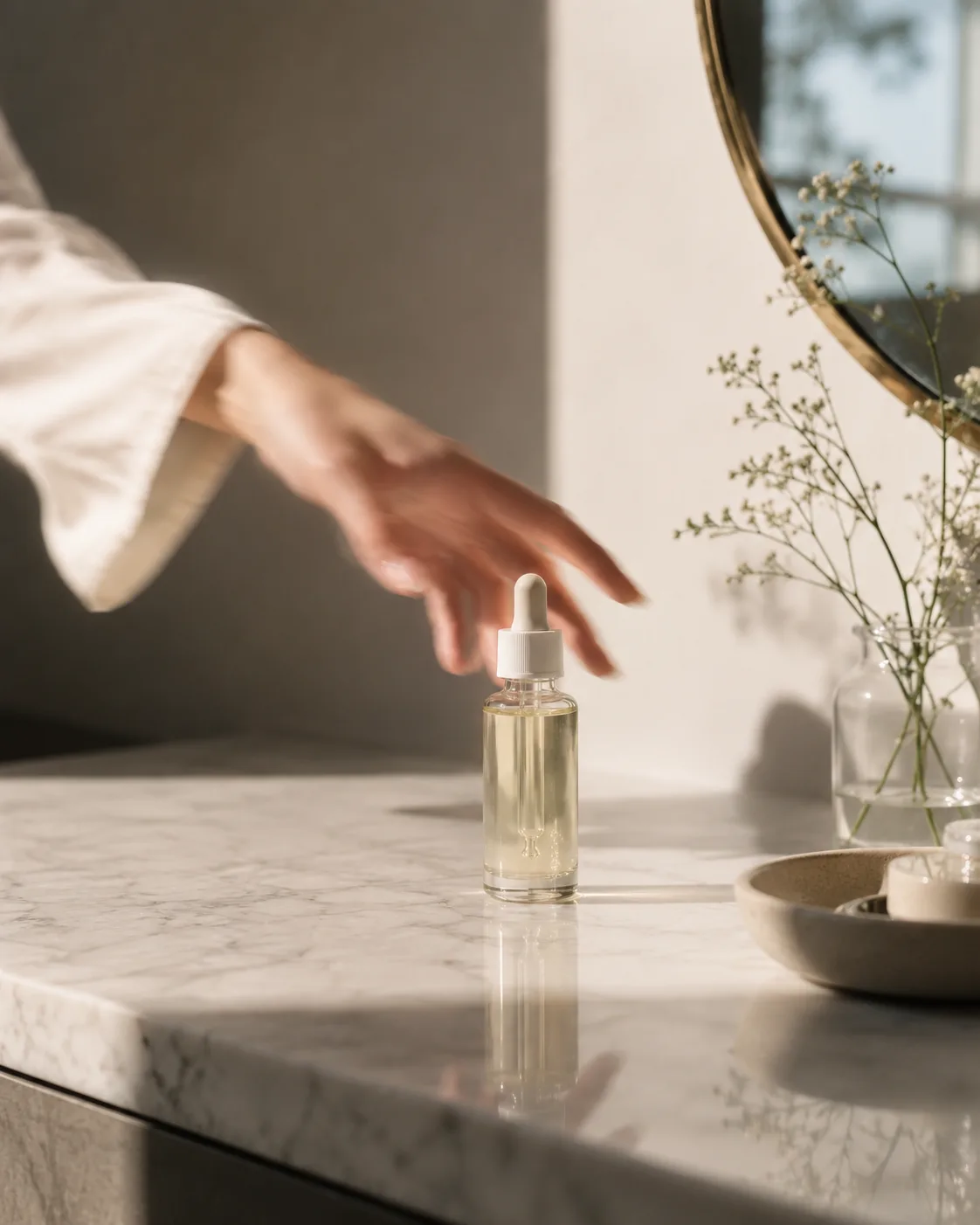 A hand reaching for a glass dropper bottle on a marble vanity, half-shadow, mid-morning window light.