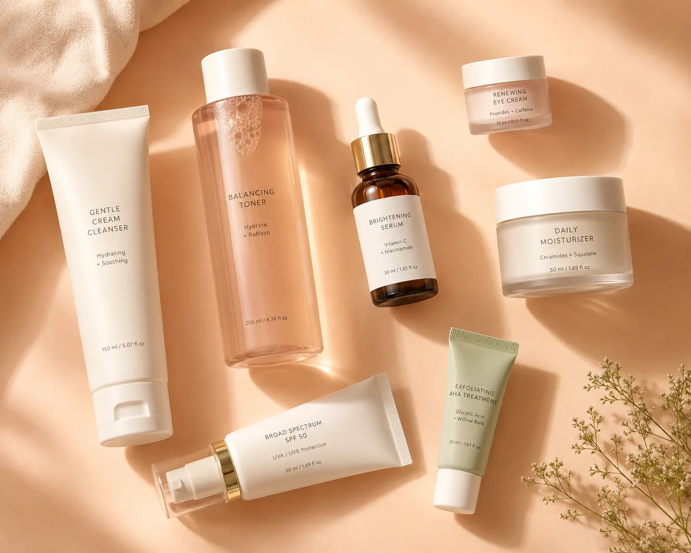 Editorial flat-lay of seven skincare products — cleanser, toner, serum, eye cream, moisturizer, anti-aging serum, soothing cream — on a soft peach surface with dried pink flowers.